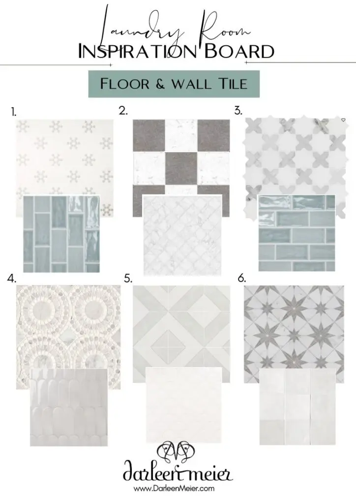 Laundry room inspiration board featuring nine floor and wall tile designs with various patterns and colors.