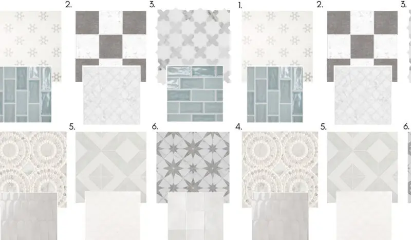 A display of various patterned tiles in different textures and colors, arranged in a grid. Each set is numbered from 1 to 6, showcasing diverse geometric and floral designs.