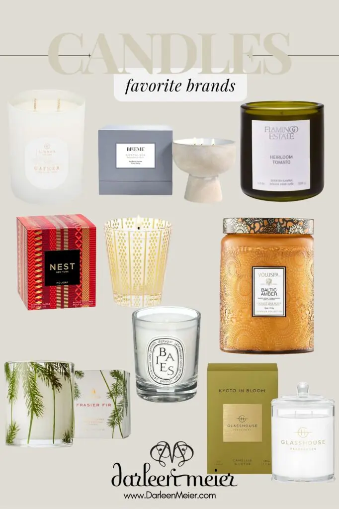 A selection of decorative candles from Six Favorite Candle Brands, each in unique containers, displayed on a neutral background with the text “CANDLES favorite brands” at the top.