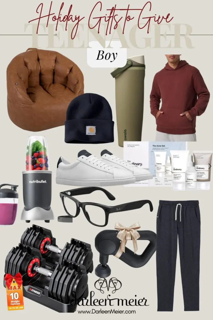 A collage of holiday gift ideas for teen boys, including a bean bag chair, hoodie, water bottle, beanie, skincare products, blender, sneakers, glasses, joggers, dumbbells, and massage gun.