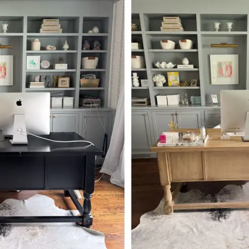Side-by-side comparison of a home office with the same desk painted black on the left and light wood on the right, both with an iMac and shelves in the background.
