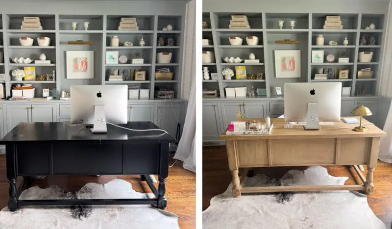 Side-by-side comparison of a home office with the same desk painted black on the left and light wood on the right, both with an iMac and shelves in the background.