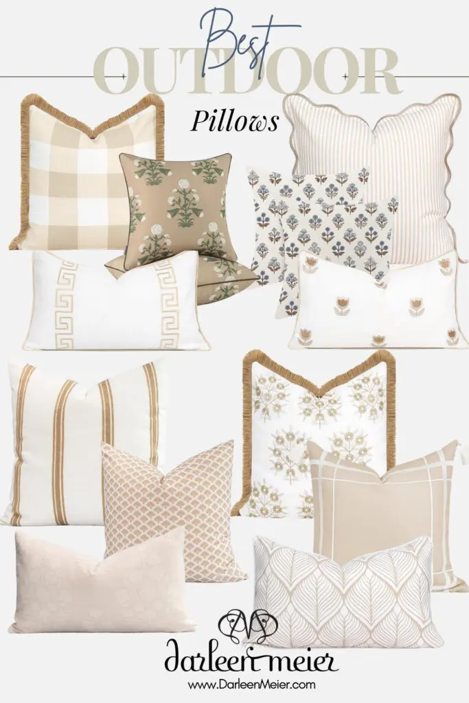 A collection of twelve decorative outdoor pillows in neutral tones and various patterns, arranged in a grid with the text "Best Outdoor Pillows" at the top and a website at the bottom.