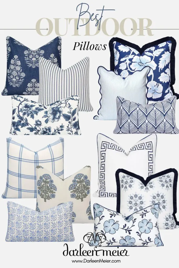 A selection of outdoor pillows in blue, white, and beige tones with floral, geometric, and striped patterns, displayed in a collage format.
