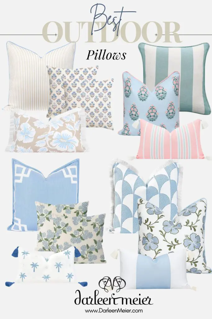 A collage of various blue, white, and pastel-patterned outdoor pillows arranged under the text "Best Outdoor Pillows" with the DarleenMeier.com logo at the bottom.