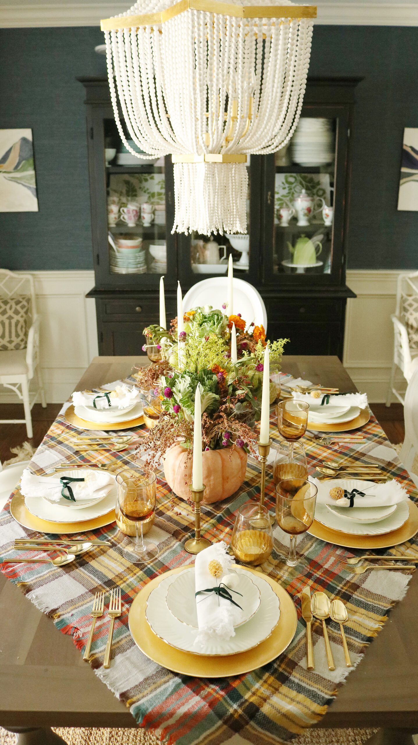 Pumpkin Gourd Flower Arrangements and Plaid Tablecloth for our Thanksgiving Tablescape makes it Fall Plaids for Thanksgiving || Darling Darleen Top CT Lifestyle Blogger