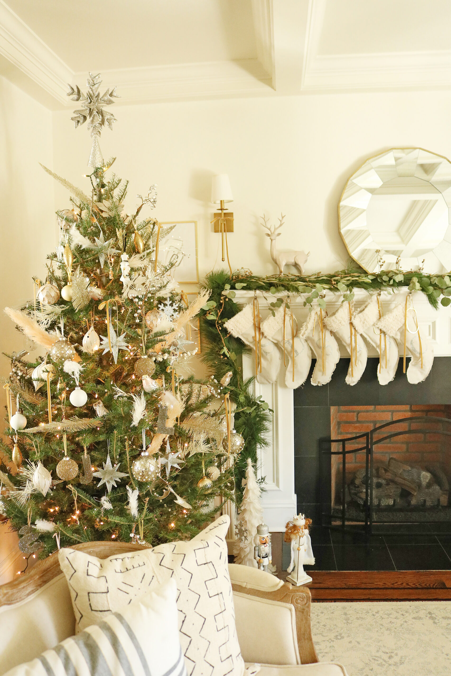 Our Christmas decorations with golden mustard-color yellow accents with ribbon and bells make It's a Golden Christmas looks pretty with the glitter ornaments. Darling Darleen Top CT Lifestyle Blogger #christmas #goldenchristmas