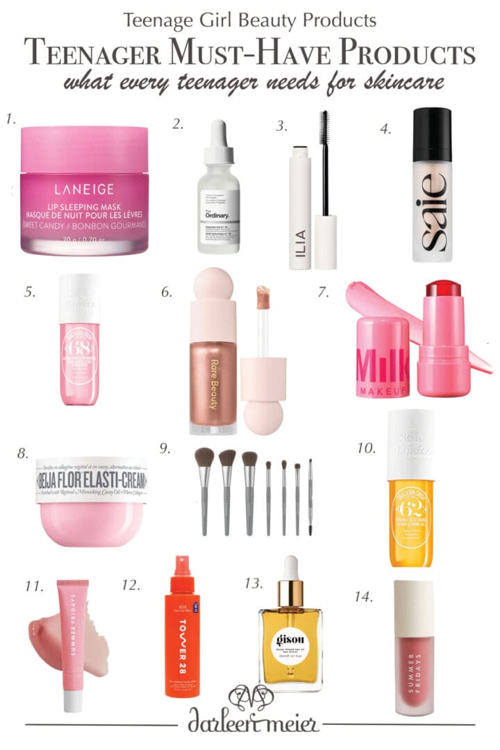 Illustration displaying a collection of 11 teenage girl beauty products, labeled numerically, featuring cosmetic creams, makeup tools, and colorful packaging.