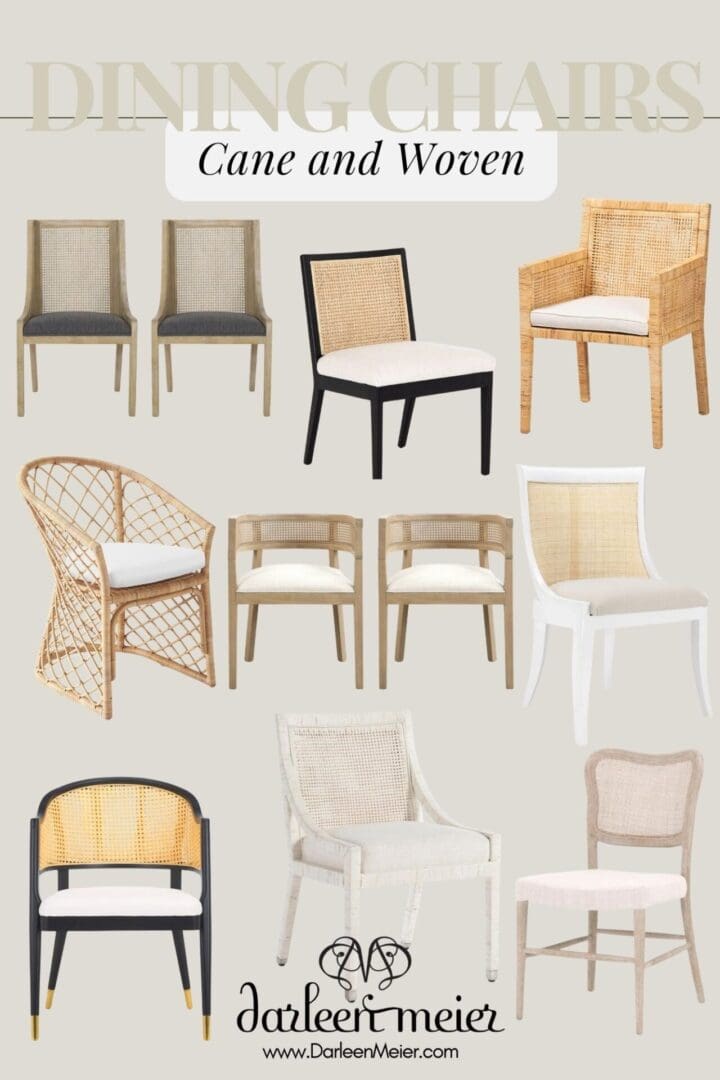 Swooning over these dining chair designs from modern to traditional!  There are so many beautiful designs to make your dining room complete! Darling Darleen || Top CT Lifestyle Blogger 
Image showing various styles of cane and woven dining chairs on a light background.