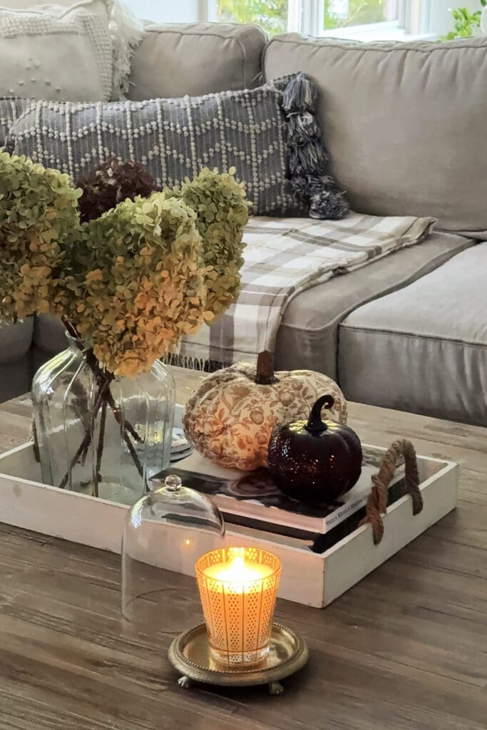 A lit candle, two decorative pumpkins, dried hydrangeas in a glass vase, and stacked books are arranged on a tray atop a wooden coffee table in a cozy living room.