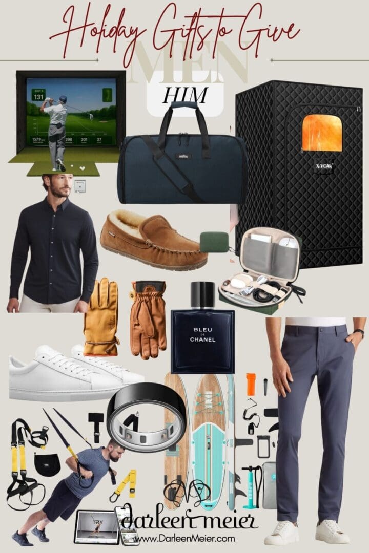 A collage of men's holiday gift ideas, including clothing, shoes, cologne, sports equipment, a ring, a duffel bag, and grooming accessories, labeled "Holiday Gifts to Give Him.