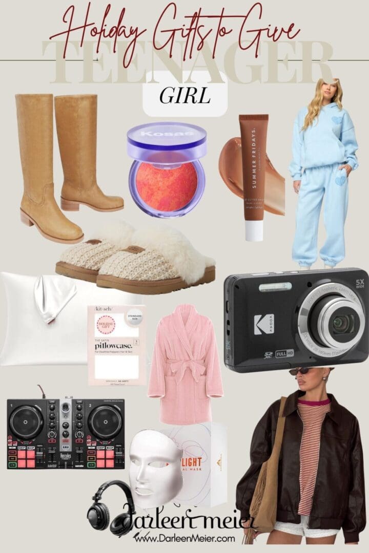 A collage of holiday gift ideas for teen girls, including boots, makeup, loungewear, slippers, camera, headphones, DJ controller, robe, LED mask, and a brown jacket.