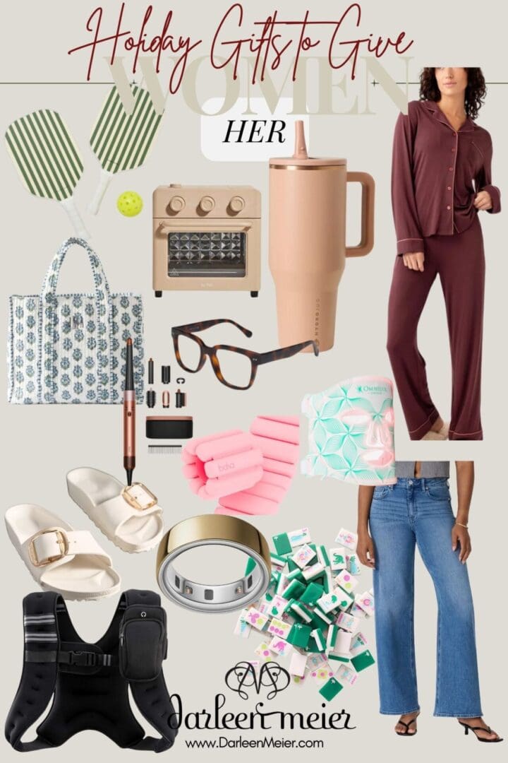 A collage of holiday gift items for women, including pajamas, a mug, tote bag, air fryer, beauty products, glasses, slippers, weights, jewelry, and jeans.
